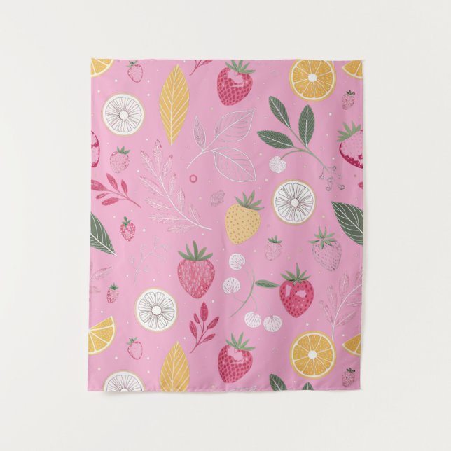 Tapeçaria Floral & Morango Rosa (127 cm x 152 cm) (Frente)