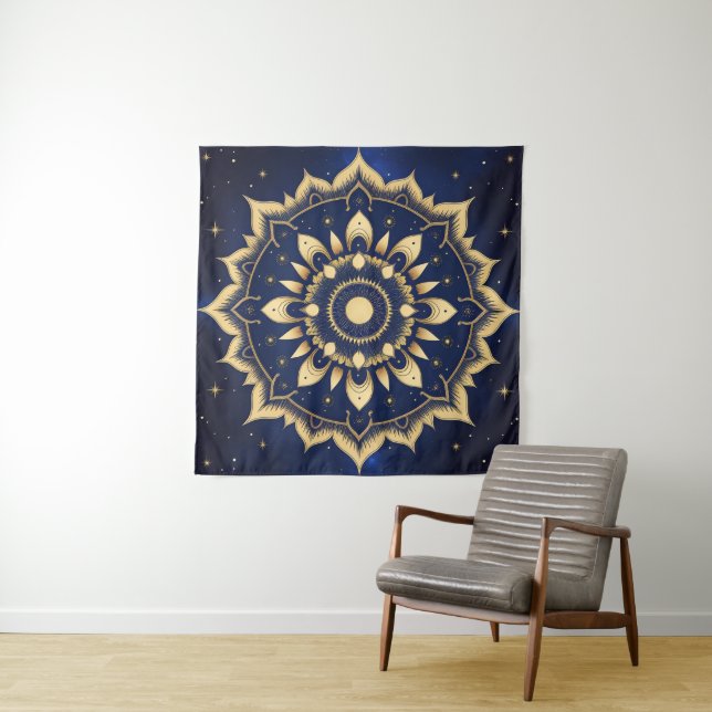 Tapeçaria Mandala da Lua Celestial | Azul Marinho  (In Situ (Horizontal))