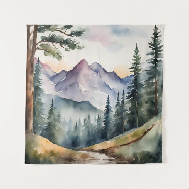 Tapeçaria Montanhas de Aquarela Árvores Caem outon (Frente)