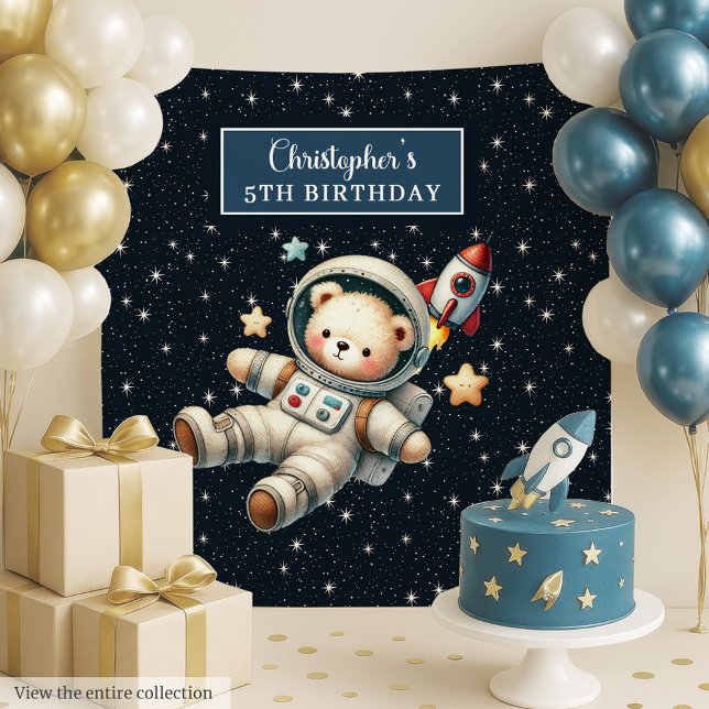 Tapeçaria Personalizada de Urso Espacial para Fest (Custom Space Bear Party Tapestry for Birthday)