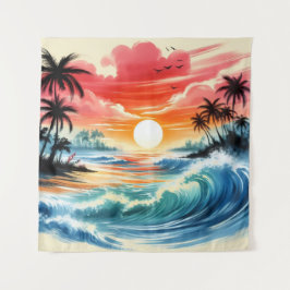 Tapeçaria Pôr do Sol Ondas do Oceano Arte de Praia