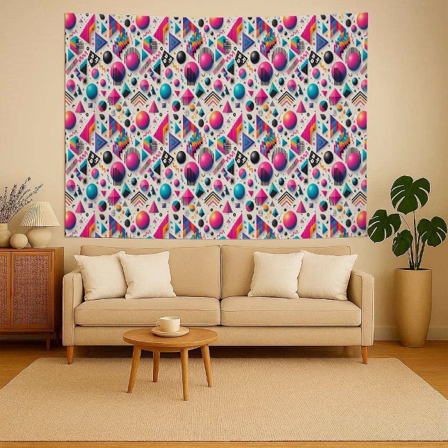 Tapeçaria Retro Geométrica Neon Oitenta/Noventa Me (Retro 90s Memphis Geometric Neon Bold Wall Tapestry)