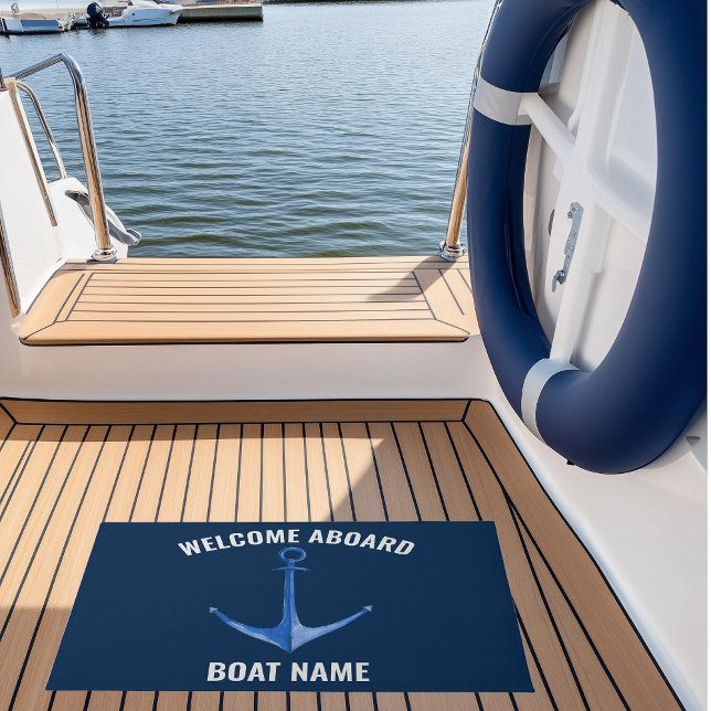 Tapete Anchor Blue Rustic Boat Name (Custom Boat Name Nautical Doormat with watercolor blue anchor)