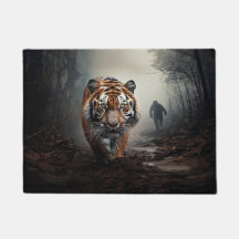 Andando Velha floresta surreal de tigre preto e la