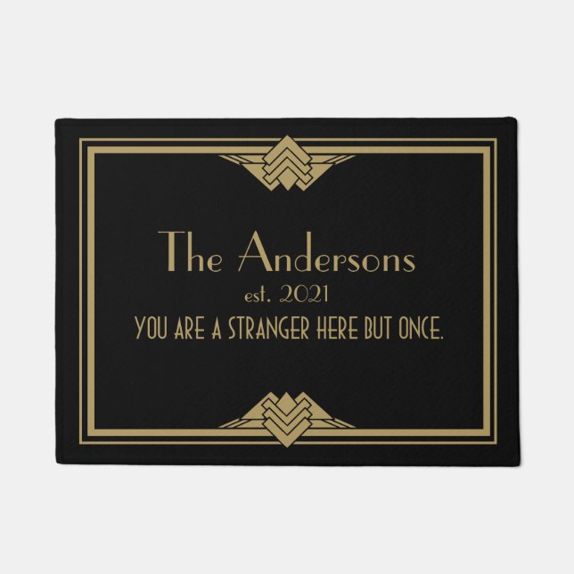 Tapete Art Deco Geométrico Nome da Família Dourada Negra (Frente)