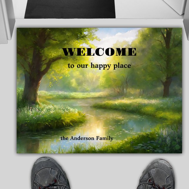 Tapete Arte de Paisagem Verde (Doormat featuring a fine art painting of a peaceful landscape with trees, a creek and green nature)