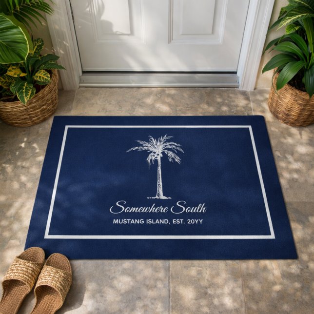 Tapete Árvore de Palma Branca Elegante Personalizada (Elegant Blue White Palm Tree Personalized Doormat)