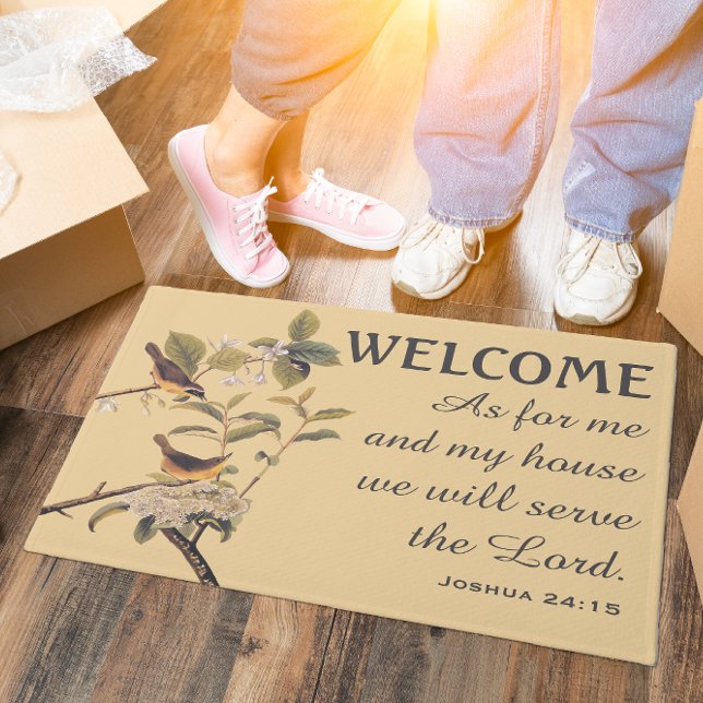 Tapete Audubon's Maryland Yellowthroat e Verse Doormat (Joshua 24:15 with birds on an olive branch is the perfect  housewarming gift for a couple or family.)