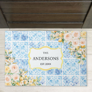 Tapete Azulejos Azuis Mediterrâneos Flor Limão Nome da Fa