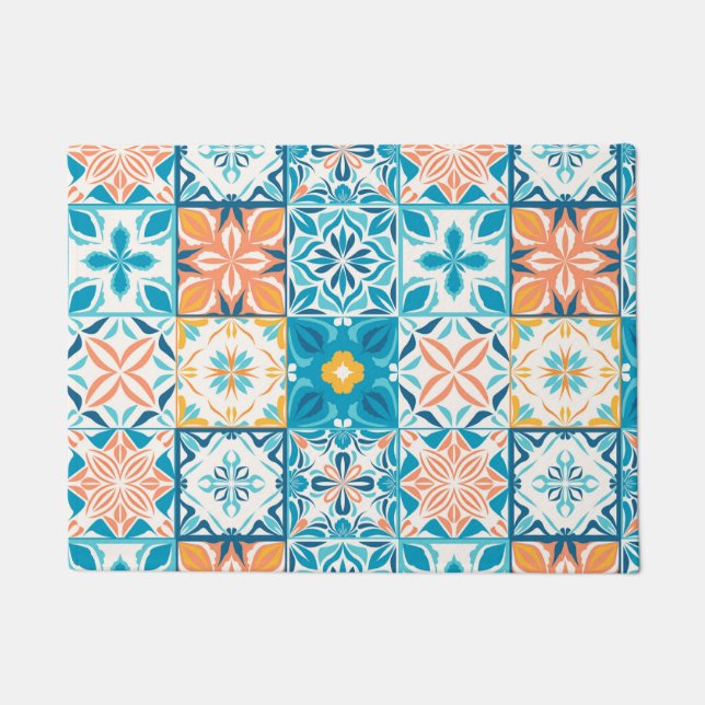 Tapete azulejos ornamentados em azul e laranja (Frente)