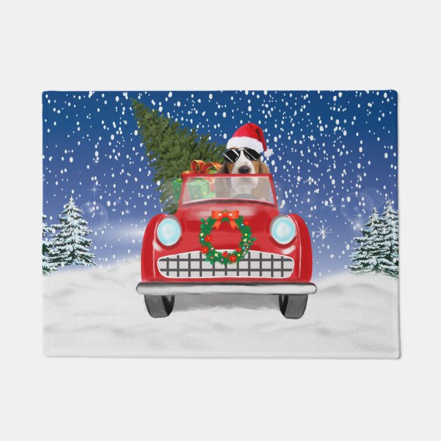 Tapete Basset Hound Dog Driving Car In Snow Christmas  (Frente)