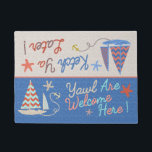 Tapete Beach House | Funny Sailboat Pun | Humor náutico<br><div class="desc">Esta porta original engraçada é perfeita para sua casa de praia ou para o lar de qualquer marinheiro ávido. Está dividido ao meio, por isso os seus visitantes leem um lado quando entram e um lado quando saem. O lado da entrada diz, "Yawl are Welcome Here!" com uma fotografia de...</div>