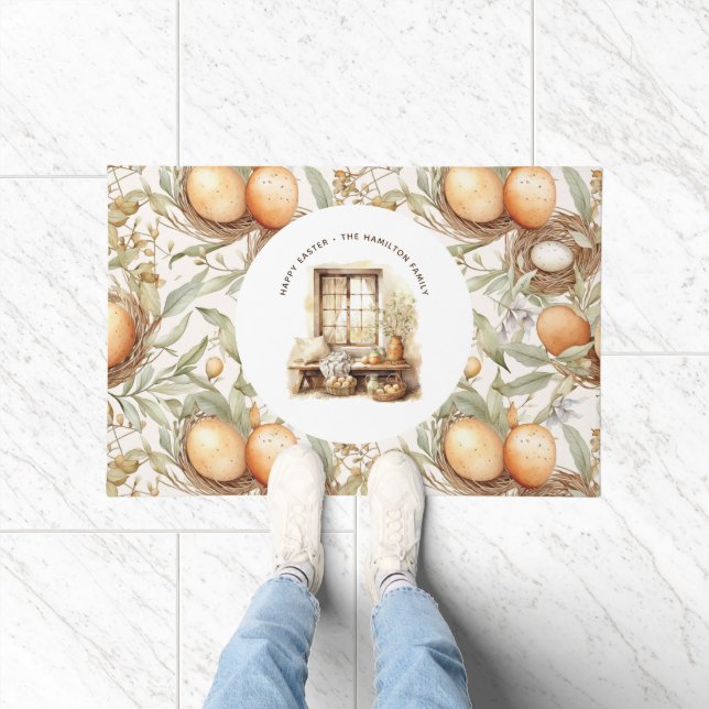 Tapete Beige da Páscoa de Nome da Família Personalizado (Interior)