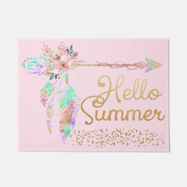 Tapete Belisque Dourado, cor-de-rosa, Boho Feather Hello  (Frente)