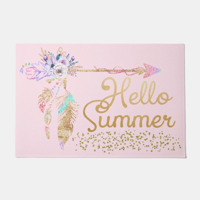 Tapete Belisque Dourado, cor-de-rosa, Boho Feather Hello  (Frente)