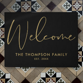 Tapete Bem-vindo à Família Personalizada Preto e Dourado