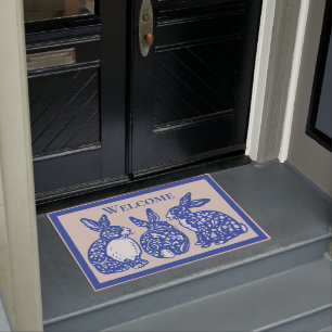 Tapete Bem-vindo Chinoiserie Rabbit Azul Bunny Delft
