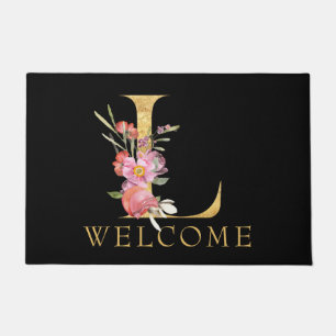 Tapete BEM-VINDO, Monograma Dourado L com Florais Rosa, P