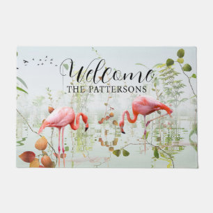 Tapete Bem-vindo Nome da Família Flamingo Tropical Modern
