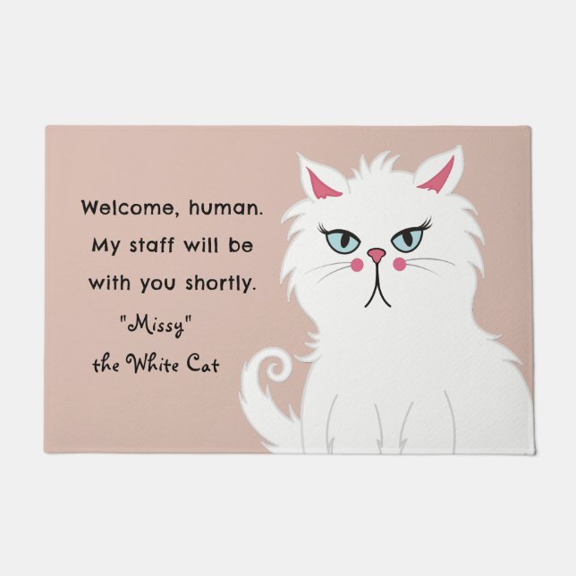 Tapete Bem-vindo personalizado de gato branco sarcástico  (Frente)