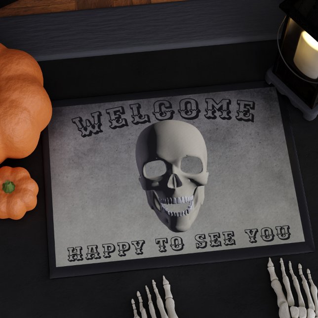 Tapete Bem-vindos felizes em te ver no Skull Spooky Hallo (Welcome Happy to See You Skull Spooky Halloween Doormat with space for your text)