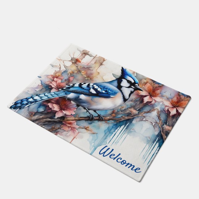 Tapete Blue Jay Cherry Blossoms aquarela (Inclinado)