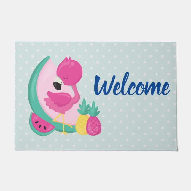 Tapete Boas-vindas ao Flamingo Rosa e às Frutas Tropicais (Frente)