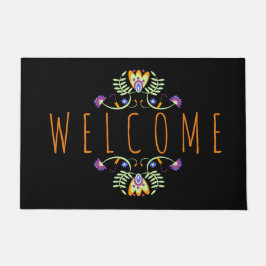 Tapete Boas-vindas de Halloween Folk Flores Laranja Roxo