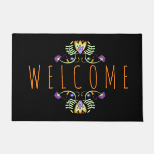 Tapete Boas-vindas de Halloween Folk Flores Laranja Roxo