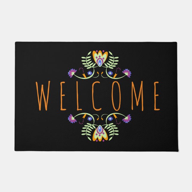 Tapete Boas-vindas Flores Folhosas Laranja Roxo (Frente)