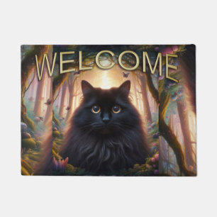 Tapete Bonita Gato Negro Fluffy com Olhos Dourados