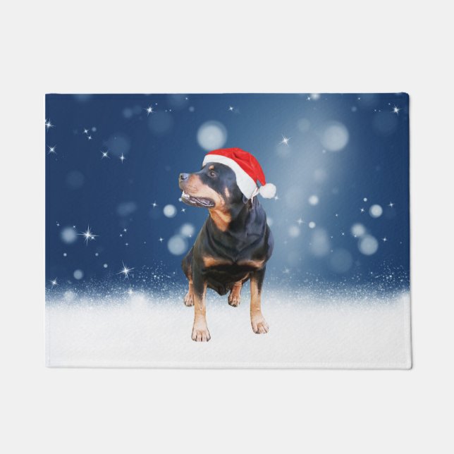 Tapete Bonito Rottweiler Cachorro Natal Santa Hat Estrela (Frente)