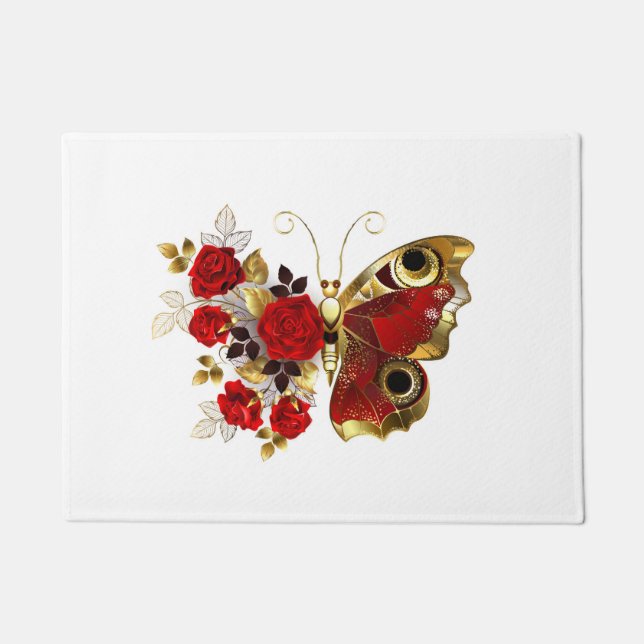 Tapete Borboleta de flor vermelha com rosas vermelhas (Frente)