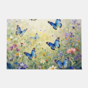 Tapete Borboletas Azuis Aquarela Prado de Flores Silvestr
