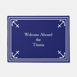 Tapete Borda branca da âncora no Marinho azul - pequeno