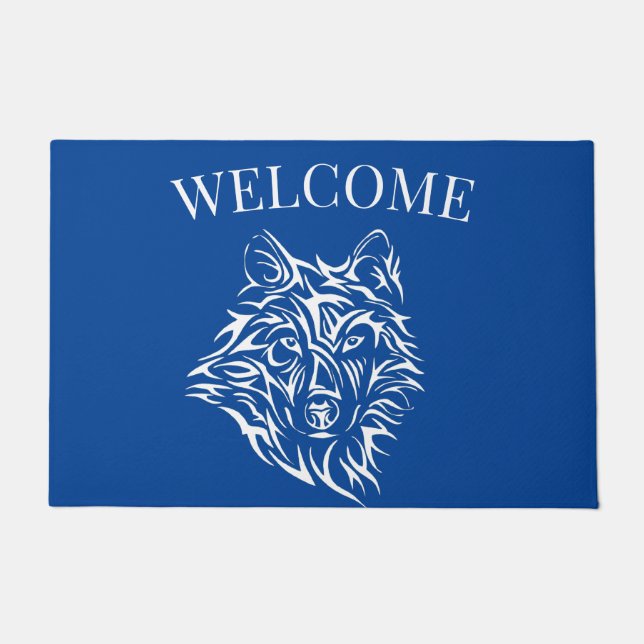 Tapete Cabeça de Lobo Branco sobre Azul (Frente)