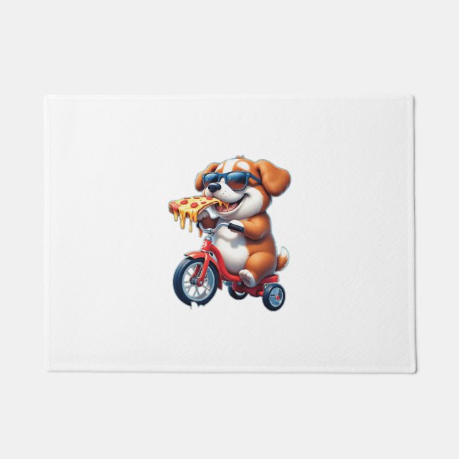 Tapete cachorro andando de bicicleta comendo pizza (Frente)