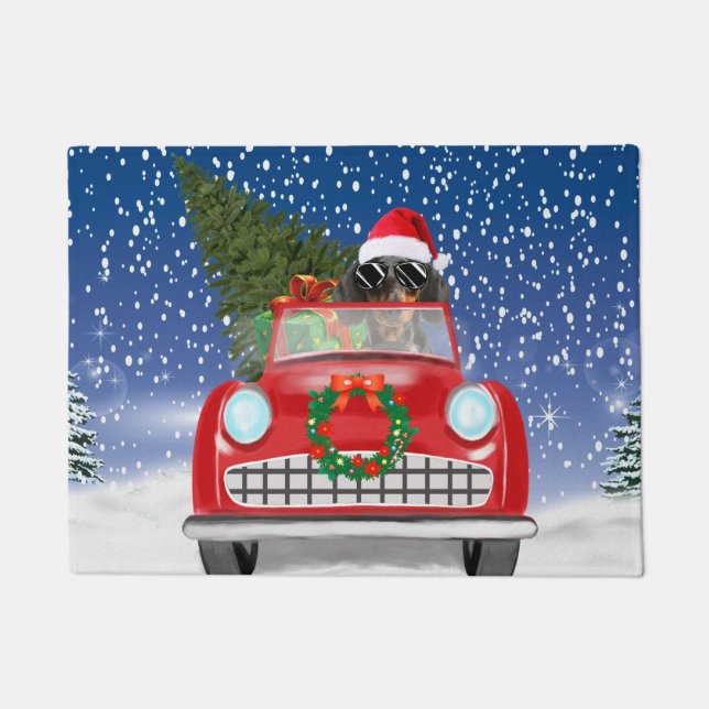 Tapete Cachorro Dachshund Dirigindo Carro Na Neve Natal  (Frente)