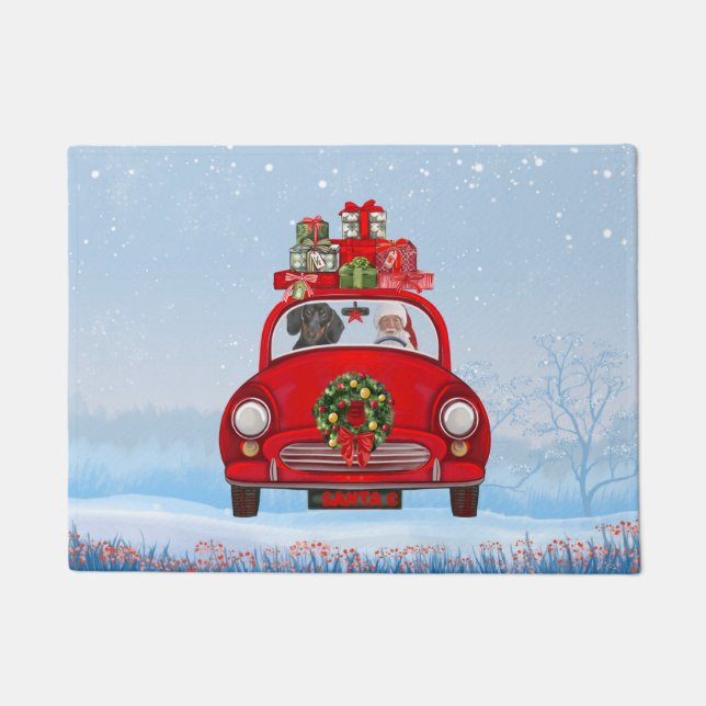 Tapete Cachorro Dachshund no carro com Papai Noel (Frente)