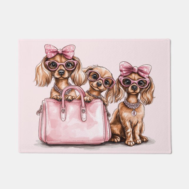 Tapete Cães de Dachshund Fashionáveis, Bolsa Rosa (Frente)