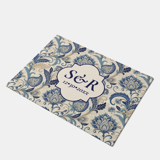 Tapete Casamento Floral de Monograma Azul e Creme Damask (Inclinado)