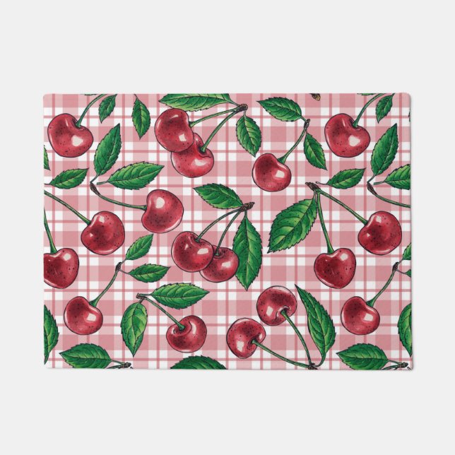 Tapete Cerejas vermelhas em gingham rosa (Frente)
