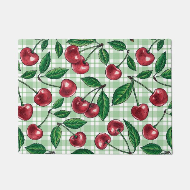 Tapete Cerejas vermelhas em gingham verde-claro (Frente)