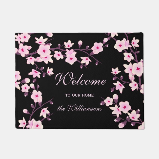 Tapete Cherry Blossoms Pink Black Welcome Family Name (Frente)