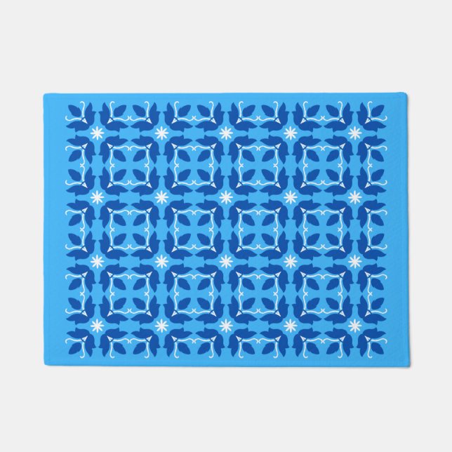 Tapete Chic Blue Azulejo Flowers Patterno Pequena Porta M (Frente)