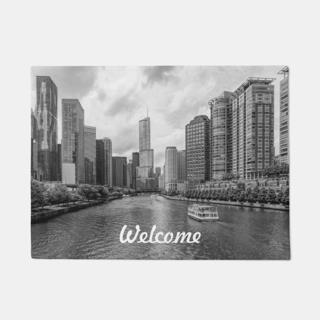 Tapete Chicago River E Trump Tower Grayscale Bem-Vindo (Frente)