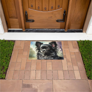 Tapete Chihuahua Preto de Cabelo Longo em Aquarela
