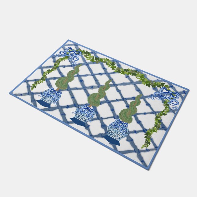 Tapete Chinoiserie Blue Ginger Jars Doormat Bem-vindo (Inclinado)