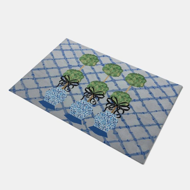 Tapete Chinoiserie Blue Ginger Jars Doormat Bem-vindo (Inclinado)