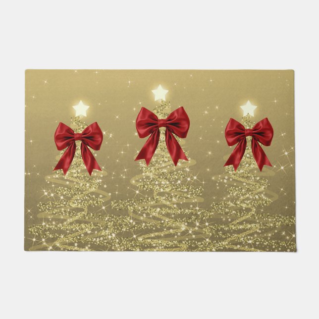 Tapete Christmas Sparkling Trees Gold Faux Red Bow  (Frente)